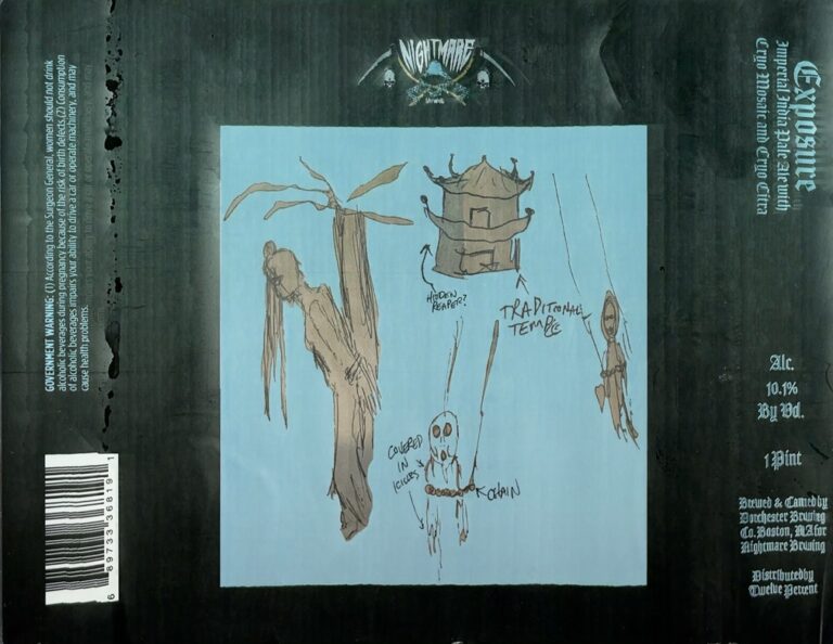 Exposure beer label from Nightmare: Sketches of a hanging figure, temple structure, ghostly character with beads, and another suspended form on light blue background.