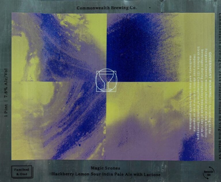 Magic Scones beer label from Commonwealth: blurred blue and yellow blocks with a small line-drawn cube at the centre