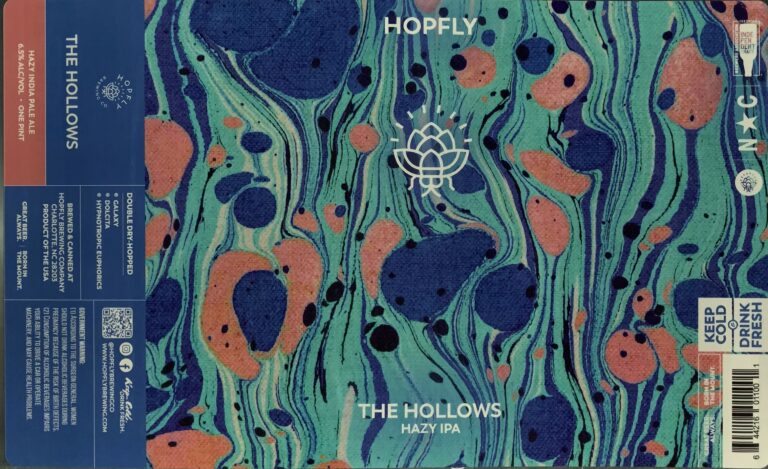 The Hollows beer label from Hopfly: Abstract marbled pattern of swirling teal, blue, and orange shapes with a white lotus-like symbol centered; large text reads 'HOPFLY' at top and 'THE HOLLOWs HAZY IPA' near bottom.