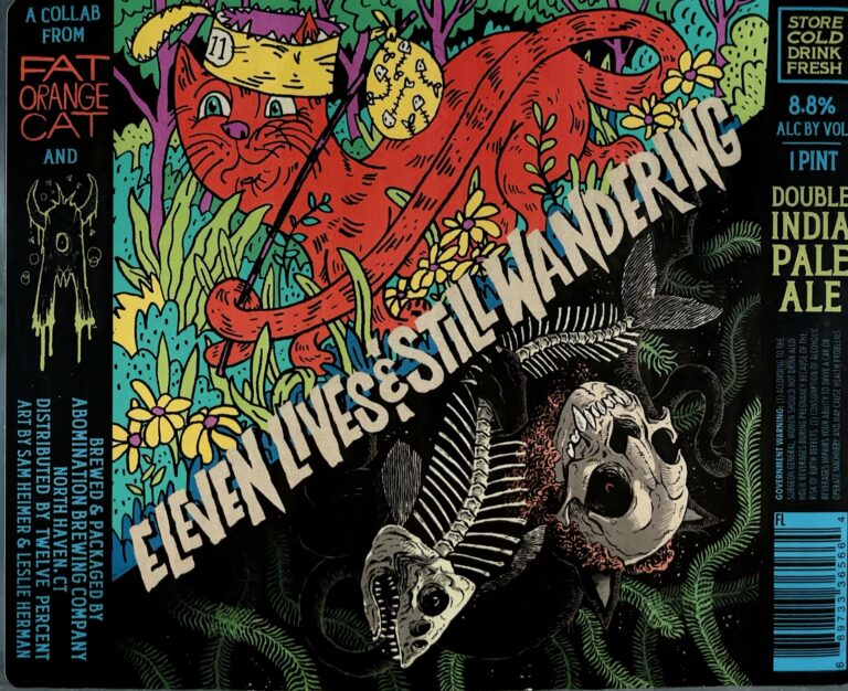 Eleven Lives & Still Wandering beer label from Abomination & Fat Orange Cat, artwork by Leslie Herman & Sam Heimer