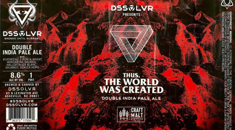 This, The World Was Created beer label from DSSOLVR: Red and black abstract landscape with jagged rock formations; central white line-art triangle logo above bold title text.
