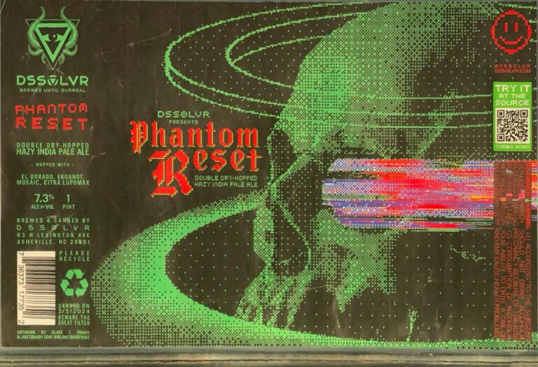 Phantom Reset beer label from DSSOLVR: A green pixelated figure in profile with a glowing streak of multicolored light passing through its body against a dark background.