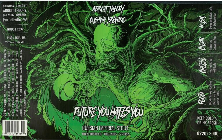 Future You Hates You beer label from Adroit Theory & Cushwa: a hulking green monster wreathed in tendrils on dark green