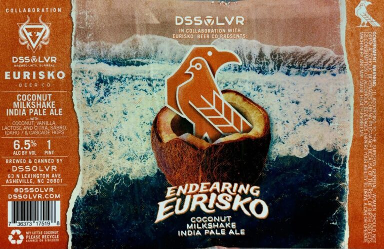 Endearing Eurisko beer label from DSSOLVR: A stylized orange bird perched atop a cracked coconut shell against crashing ocean waves.