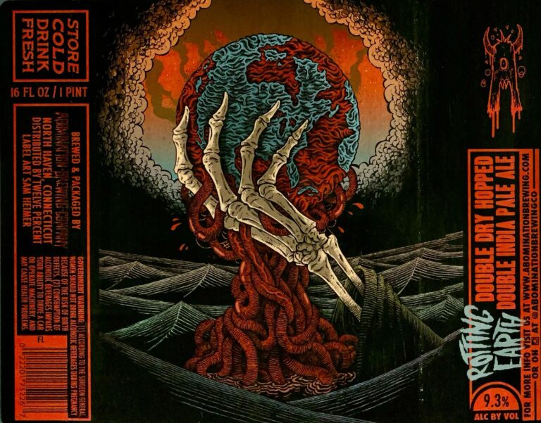 Rotting Earth beer label from Abomination: A skeletal hand emerges from writhing red tentacles gripping a globe of blue and red continents against an orange sky with swirling clouds.