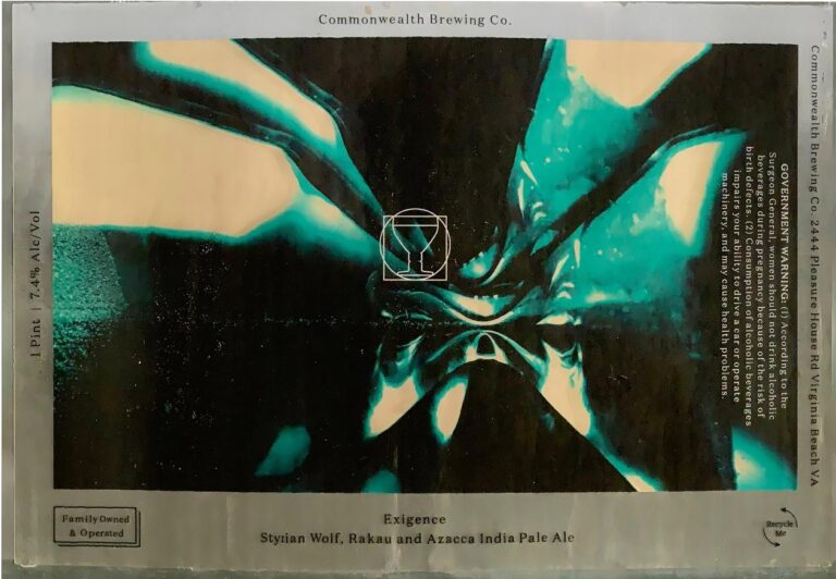 Exigence beer label from Commonwealth: Abstract teal and cream shapes radiate from a central geometric symbol against dark background.