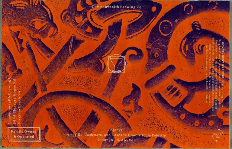 Kjenge beer label from Commonwealth: Abstract orange and purple design with stylized figures in dynamic poses; a central goblet icon surrounded by swirling shapes.