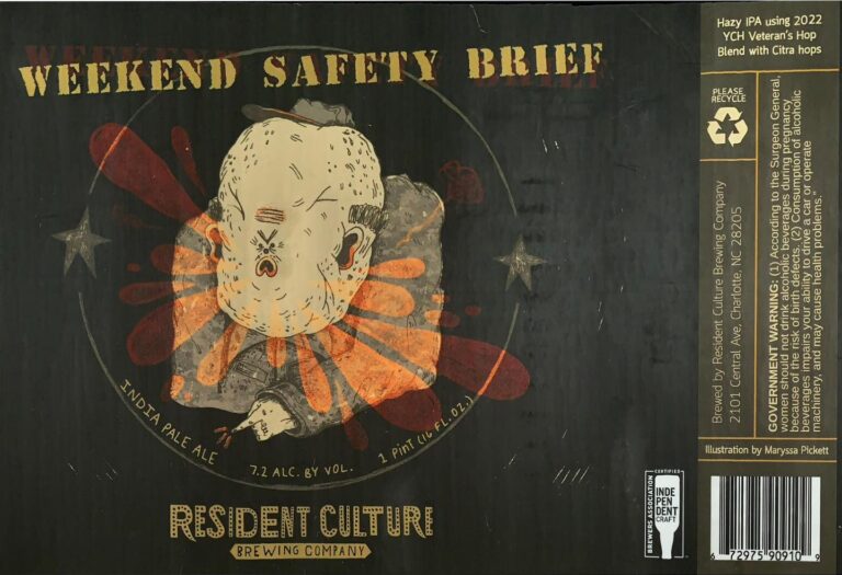 Weekend Safety Brief beer label from Resident Culture, artwork by Maryssa Pickett