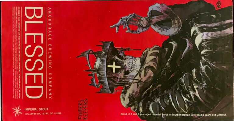 Blessed beer label from Anchorage: a ship bearing a cross on dark waves beside a huge clawed creature, on bright red