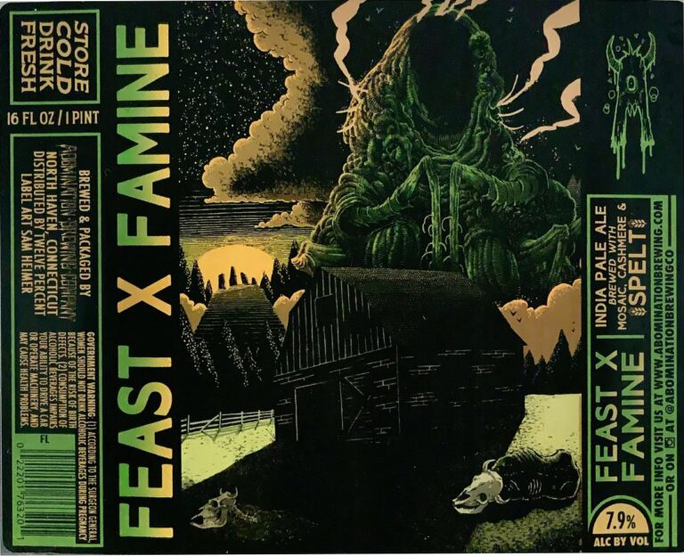 Feast X Famine beer label from Abomination: A large green monster sits atop a barn under stormy skies with lightning; dead animals lie below in dark fields.