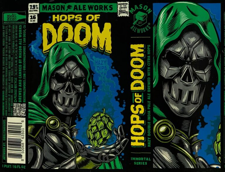 Hops of Doom beer label from Mason Ale Works: A skeletal figure in a green hooded cloak holds a hop cone against a blue background with comic-book style lettering.