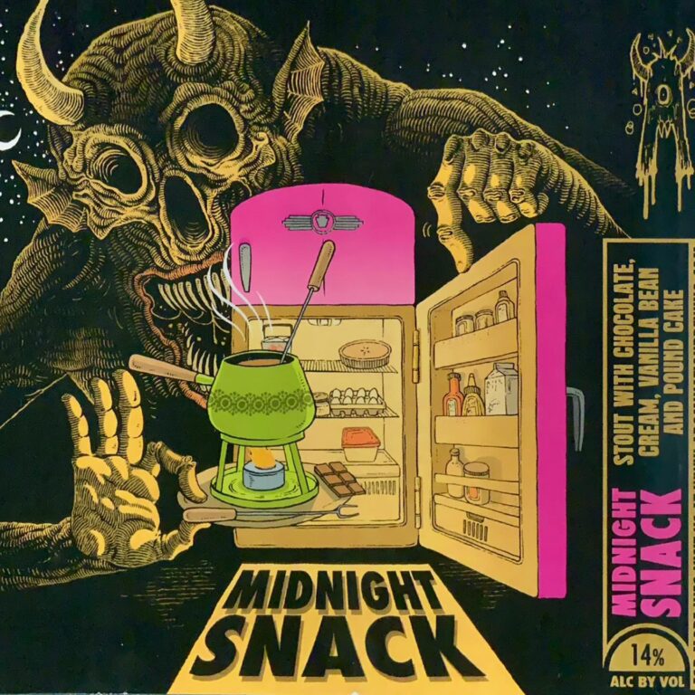 Midnight Snack (Chocolate, Vanilla Bean & Pound Cake) beer label from Abomination: A horned demon-like figure with skeletal features holds open a pink refrigerator containing food items and a green fondue pot on a burner.