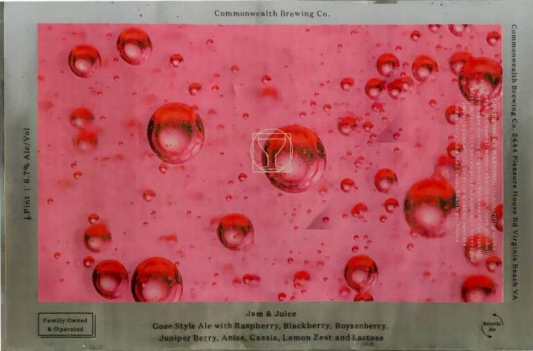 Jam and Juice beer label from Commonwealth: Red-tinted liquid with floating bubbles; a white line drawing of a wine glass is superimposed over one bubble.