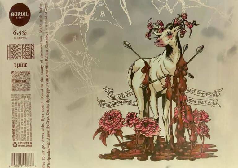 The Artistry of Absentmindedness beer label from Burial: a pale deer-like animal standing in red roses beneath cobwebs, on cream