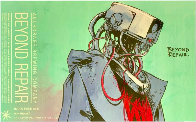 Beyond Repair beer label from Anchorage: a figure in a cloak with a camera-like head trailing red cables, printed on pale green