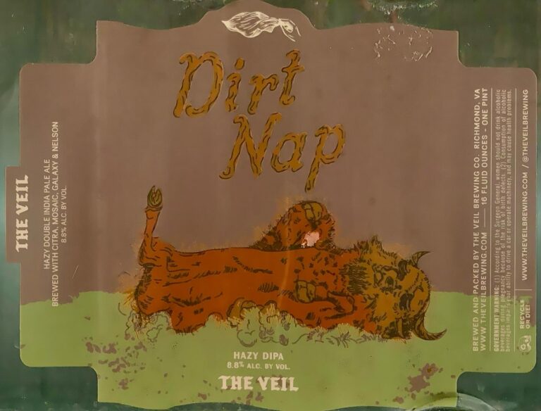 Dirt Nap beer label from The Veil: a fallen log with a sleeping figure in orange on muted green and grey