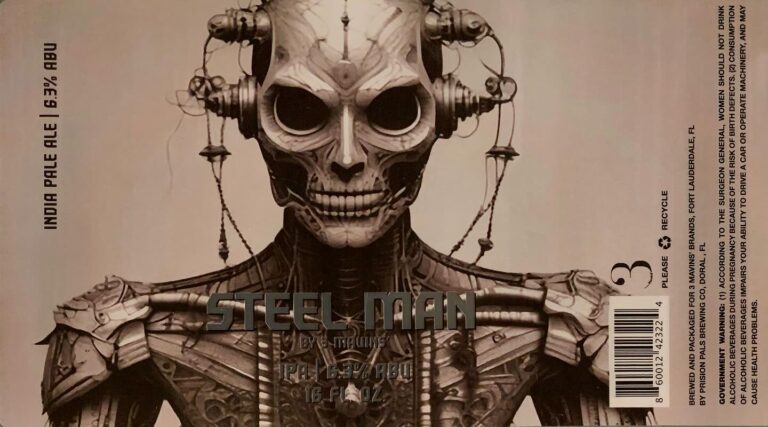 Steel Man beer label from 3 Mavins’: A skeletal robot figure with mechanical headgear and armored torso stands centered against a plain background.