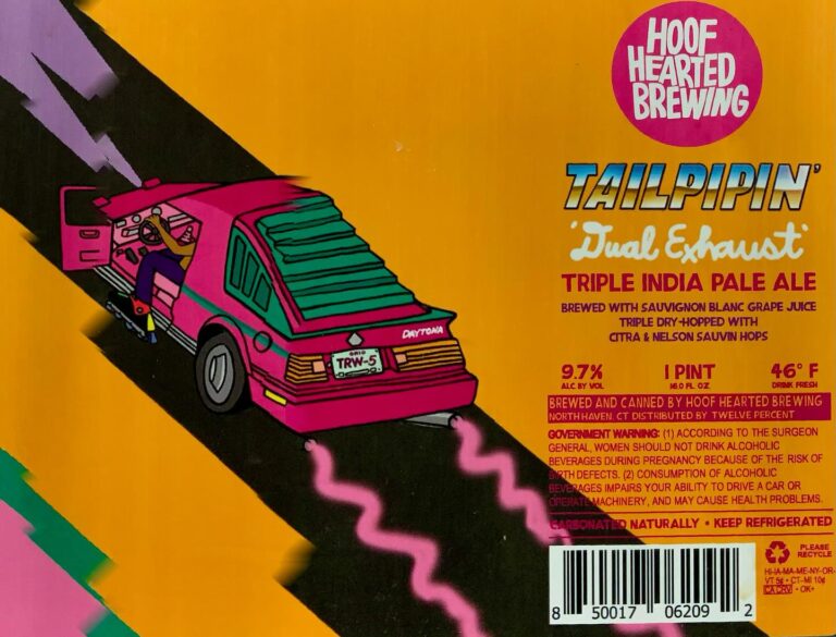 Tailpipin’ Dual Exhaust beer label from Hoof Hearted: A pink car with green rear window drives diagonally across a black road on yellow background. Pink exhaust fumes trail behind.