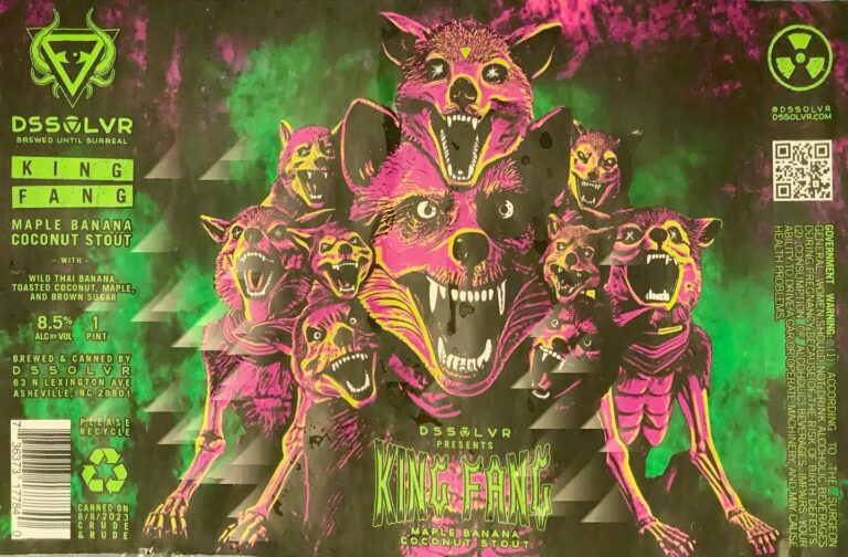 King Fang beer label from DSSOLVR: A central pink wolf-like creature with multiple smaller identical heads surrounding it against a green and black background.