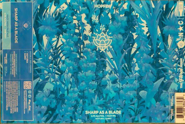 Sharp as a Blade beer label from Hopfly: Dense blue botanical illustration of tall grasses and flowers with a central golden lotus-like symbol; white lettering overlays text.