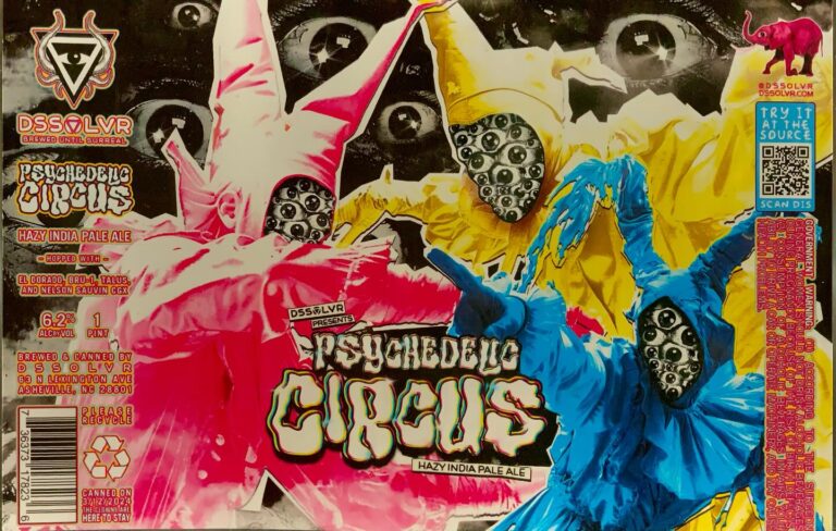 Psychedelic Circus beer label from DSSOLVR: Three figures in pink, yellow and blue costumes with multi-eyed masks pose against a background of large eyes.