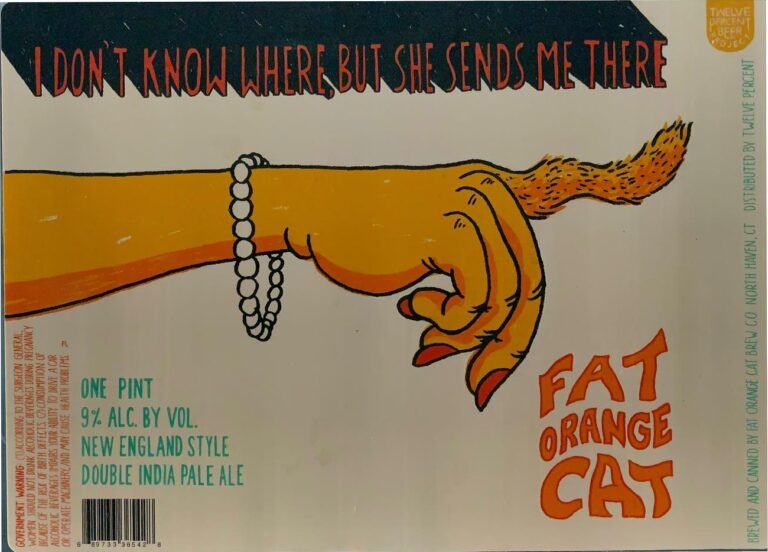 I Don’t Know Where But She Sends Me There beer label from Fat Orange Cat, artwork by Leslie Herman