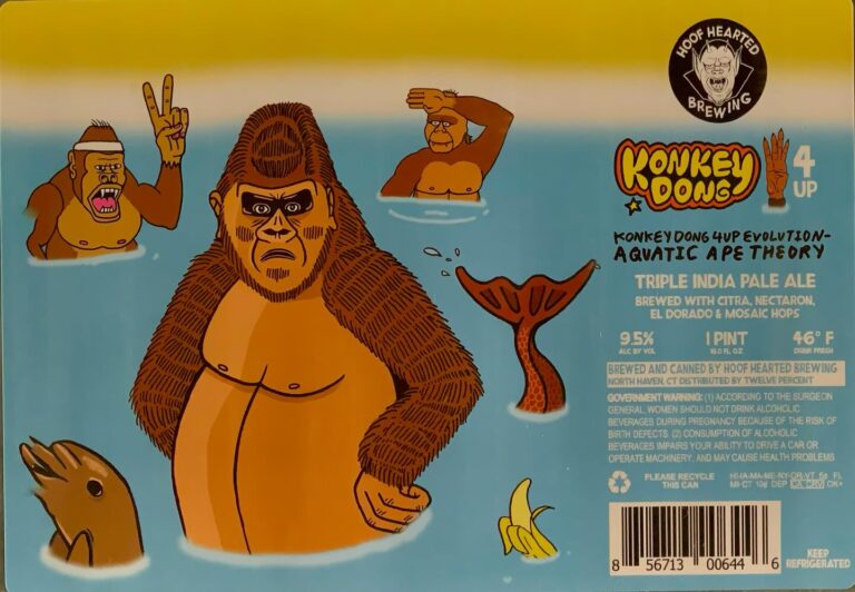 Monkey Dong 4UP beer label from Hoof Hearted: A large gorilla stands in water with smaller apes around him; a dolphin and banana tail float nearby.