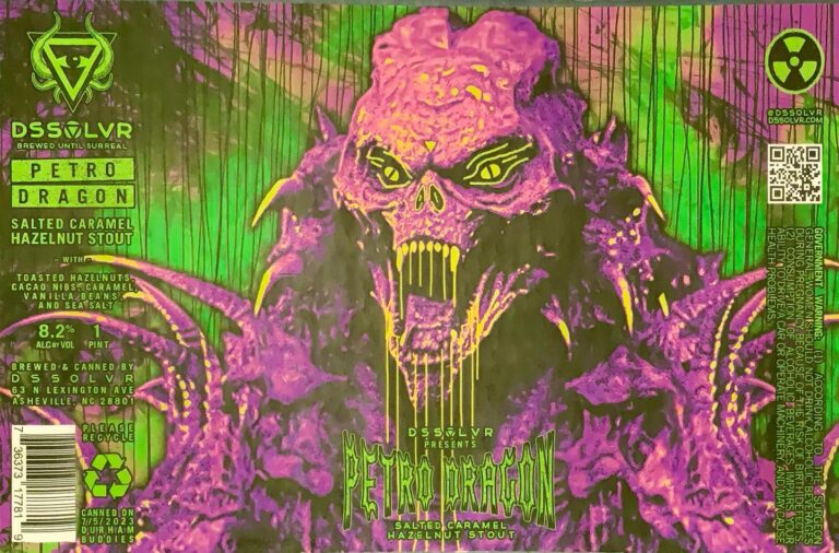 Petro Dragon beer label from DSSOLVR: A purple dragon-like creature with glowing yellow eyes and dripping fangs dominates a green background streaked with vertical lines.