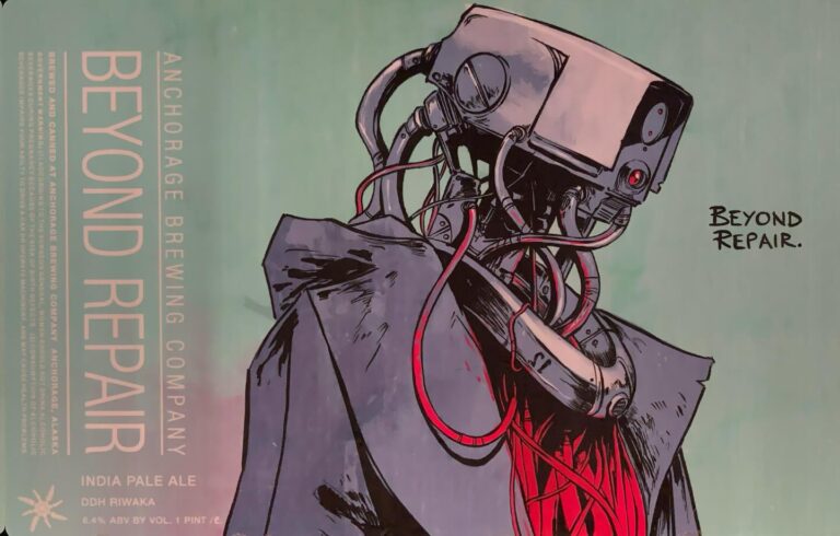 Beyond Repair beer label from Anchorage: a figure in a cloak with a camera-like head trailing red cables, in pink and purple