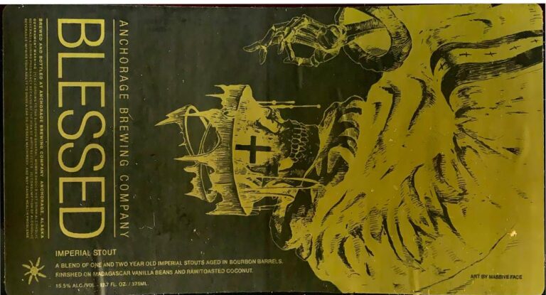 Blessed beer label from Anchorage: a ship bearing a cross on dark waves beside a huge clawed creature, printed in gold