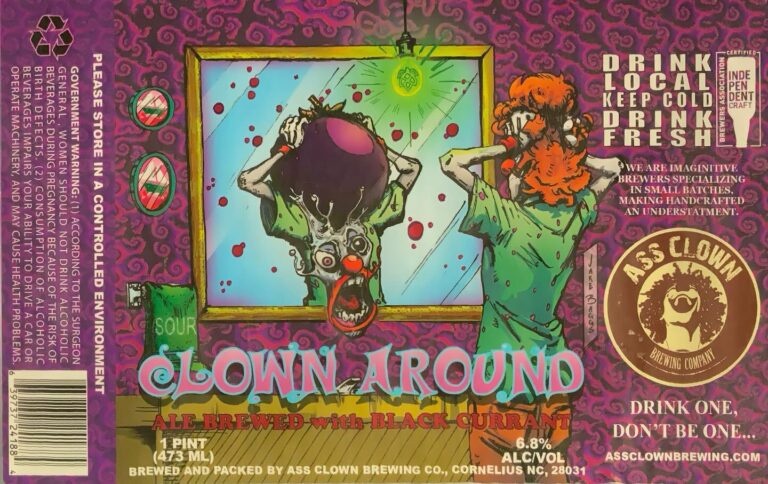 Clown Around beer label from Ass Clown: A clown with a purple balloon on its head looks into a mirror while another figure in green stands beside it against a swirling pink background.