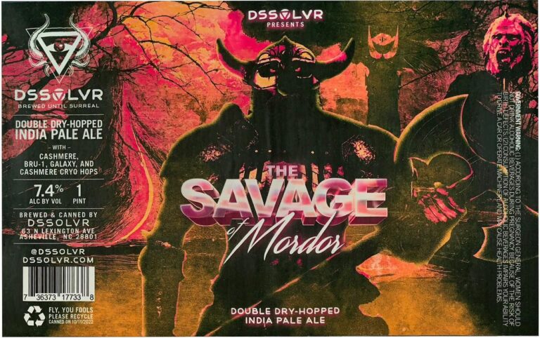 The Savage of Mordor beer label from DSSOLVR: A horned figure in dark armor stands center against a fiery red and orange background with shadowy trees; another armored figure appears on the right.