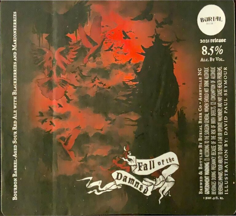 Fall of the Damned beer label from Burial: a dark silhouette under a deep red sky with a banner reading Fall of the Damned
