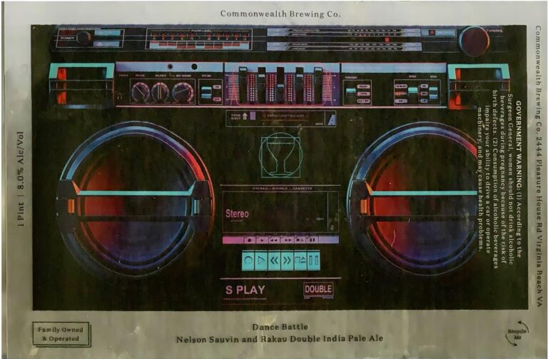 Dance Battle beer label from Commonwealth & Deciduous: A dark boombox with glowing circular speakers and colorful equalizer bars.