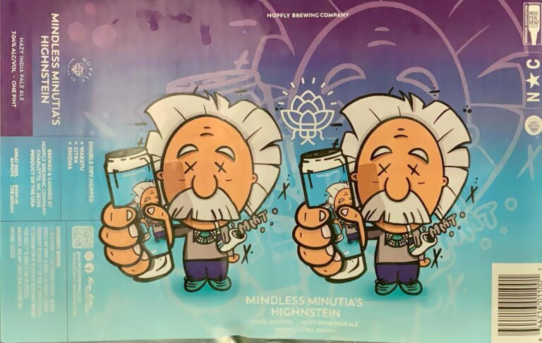 Mindless Minutia’s Highnstein beer label from Hopfly: Two cartoon figures with wild white hair and beards hold beer cans; one has a lotus symbol above its head. Background is purple-blue gradient.