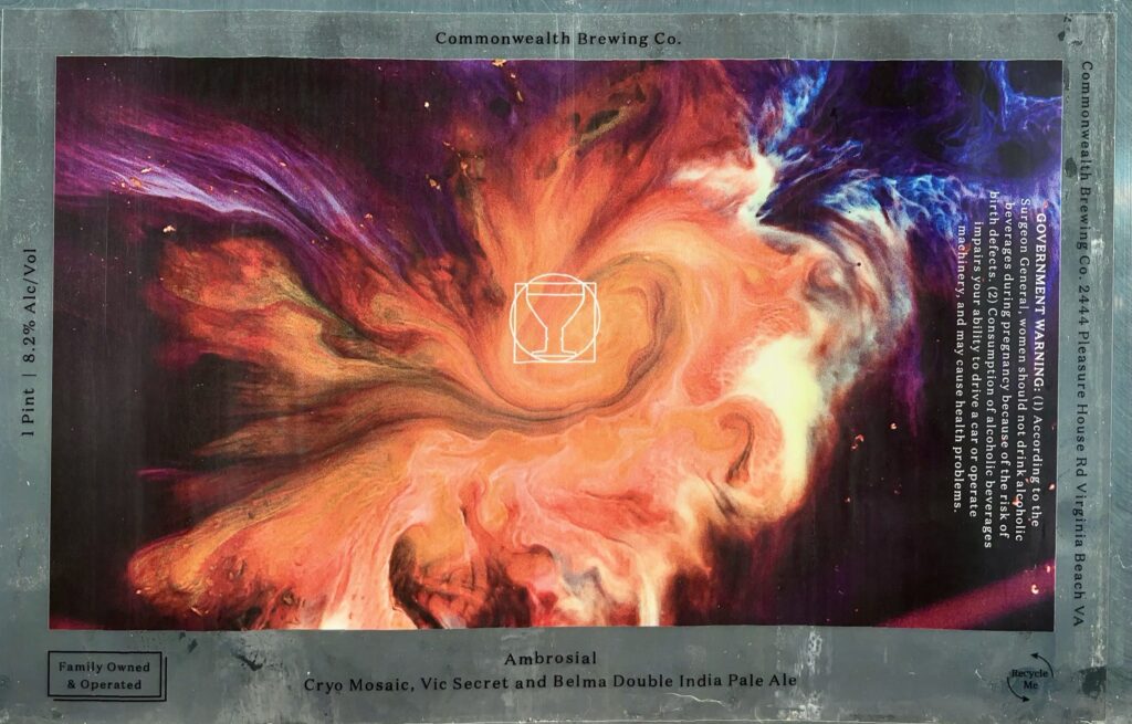 Ambrosial beer label from Commonwealth: A swirling nebula of orange, purple, and blue cosmic clouds with a white geometric wine glass outline at center.