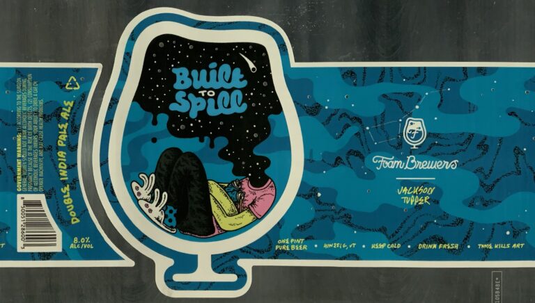 Built To Spill beer label from Foam Brewers: A figure in a pink shirt and yellow pants lies inside a glass-shaped frame with black liquid dripping from above; stars fill the dark space.