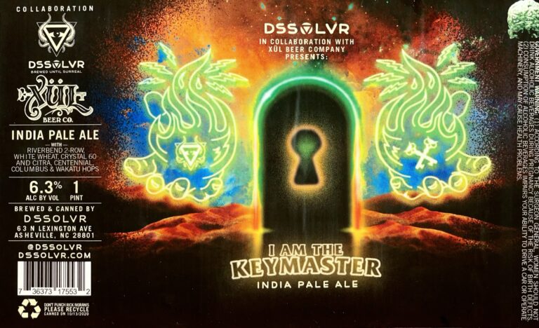I Am the Keymaster beer label from DSSOLVR & Xul: A glowing green keyhole archway flanked by neon palm trees with skull motifs, set against a fiery orange and blue cosmic background.