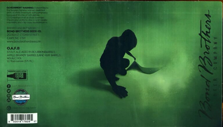 O.A.F.B. beer label from Bond Brothers: A dark silhouette of a crouching figure holding a curved blade against a green gradient background.