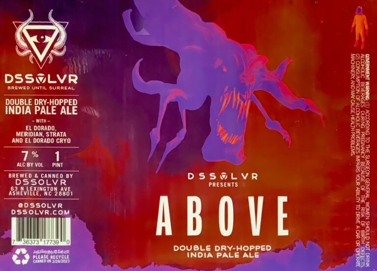 Above beer label from DSSOLVR: A purple and red abstract creature with sharp teeth and tentacles floats against a gradient background.