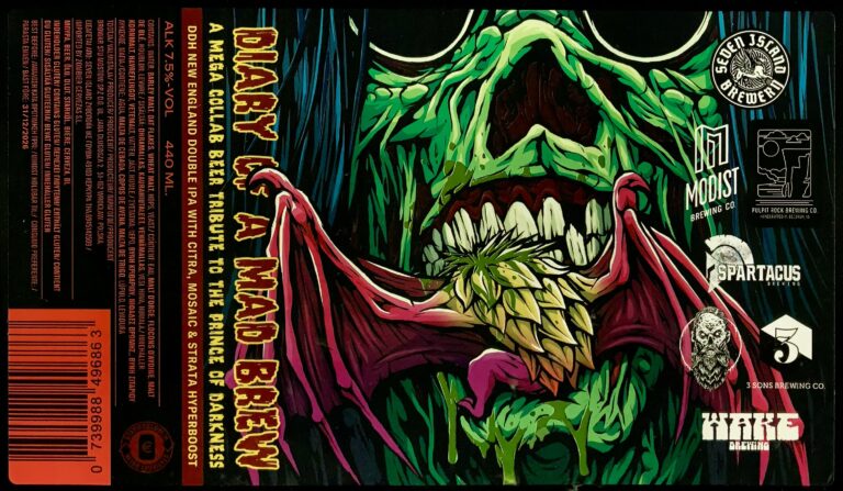 Diary of a Mad Brew beer label from Seven Island & Modist & 3 Sons & Pulpit Rock & Wake & Spartacus & Beer Zombies