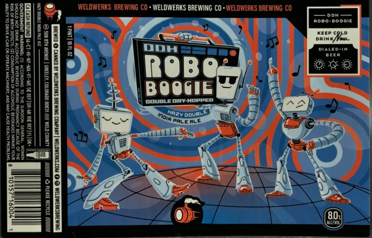 DDH Robo-Boogie beer label from WeldWerks: cartoon robots dancing on a blue and red radiating background
