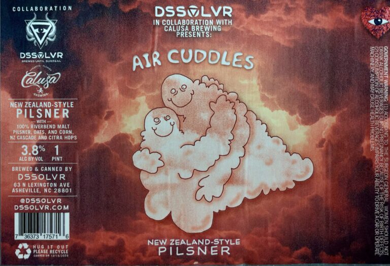 Air Cuddles beer label from DSSOLVR & Calusa: Two fluffy cloud-like figures with smiling faces embrace in a warm glow against stormy red and orange clouds.