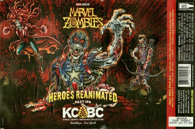 Heroes Reanimated beer label from KCBC: Zombie Captain America raises a clawed hand while zombie Hawkeye and Scarlet Witch fight in a blood-splattered background.