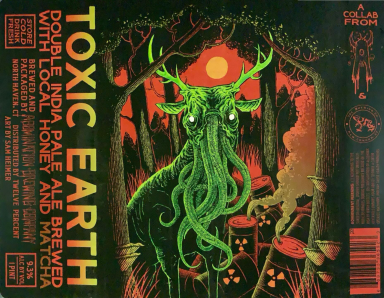 Toxic Earth beer label from Abomination & Tox: A green cephalopod-headed deer with glowing eyes stands in a red forest among radioactive barrels under an orange sun.