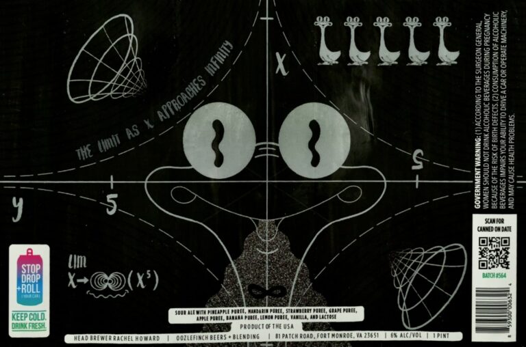 The Limit as x Approaches Infinity beer label from Oozlefinch: A frog-like figure with large oval eyes sits at a graph’s origin point where x approaches infinity; dashed lines form axes and curves around it.