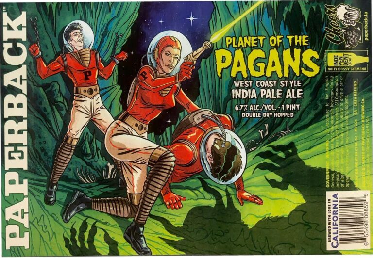 Planet of the Pagans beer label from Paperback: Three figures in red space suits with helmets; one aims a glowing yellow beam weapon at another figure lying on green alien ground.