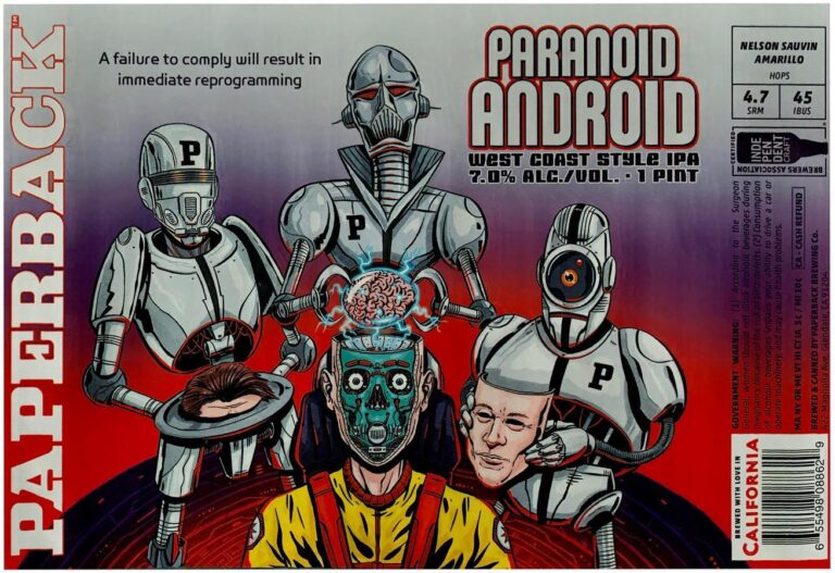 Paranoid Android beer label from Paperback: Four robot figures surround a central human figure with exposed brain and skull; one holds a severed head on a platter.