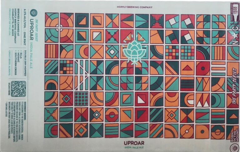 Uproar beer label from Hopfly: A grid of geometric shapes in teal, orange, and red with a central lotus flower; large vertical lettering on sides.