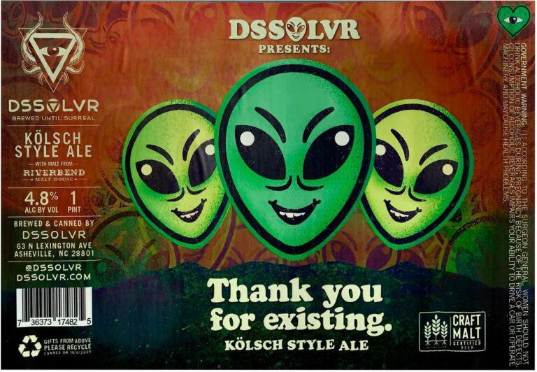 Thank You For Existing beer label from DSSOLVR: Three green alien heads with large black eyes and smiling mouths arranged horizontally against a textured reddish-brown background.